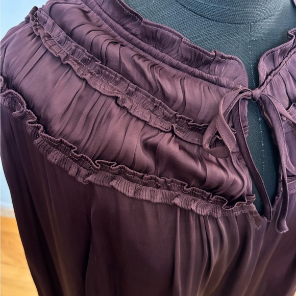 Talbots Top Burgundy Purple Satin Ruffle Neck Tie Front Blouse Long Sleeve SzXL - Picture 10 of 10
